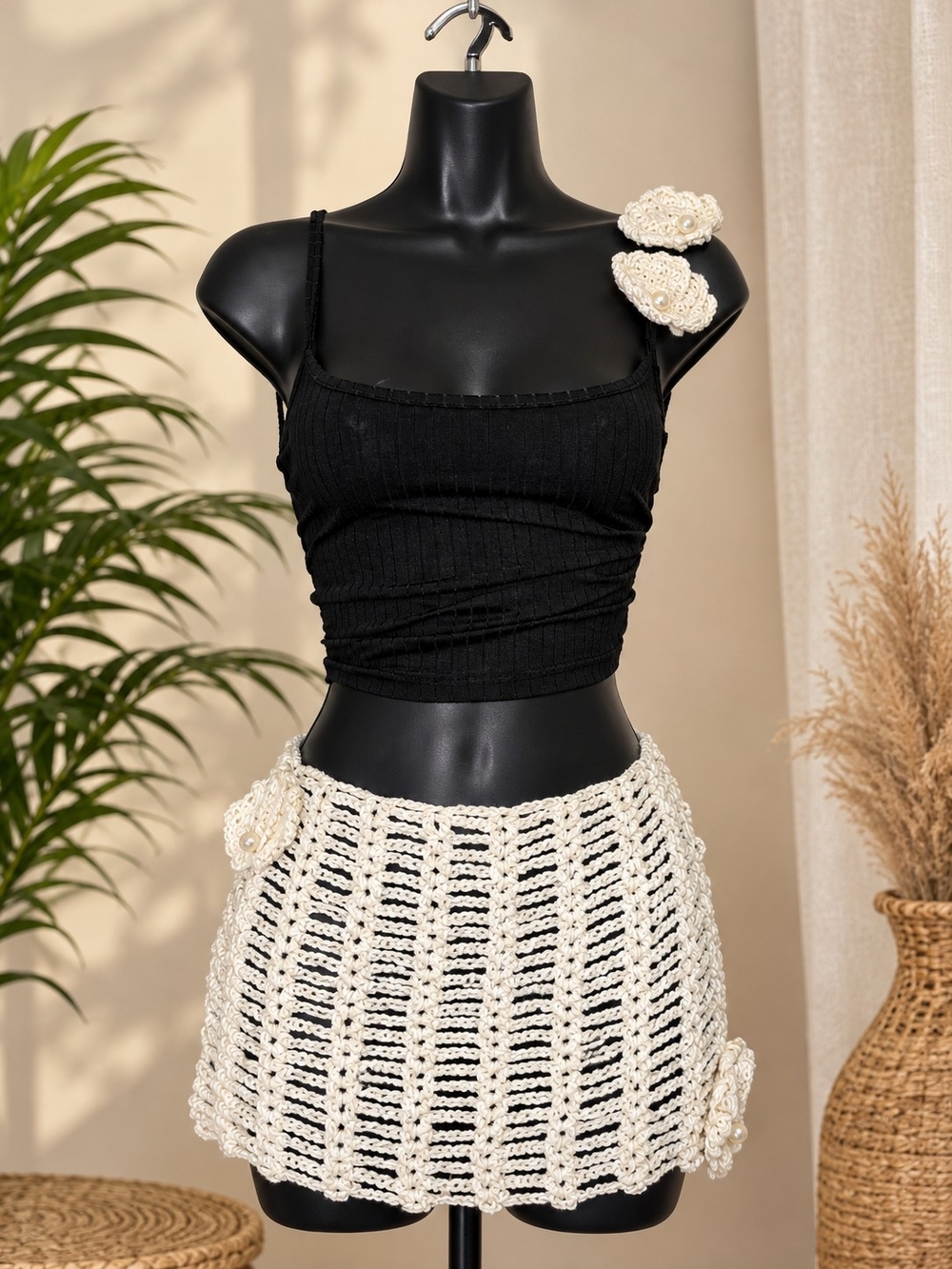Handmade Cream/Gold Crochet Sarong Set With Shell Hair Clips, One Size